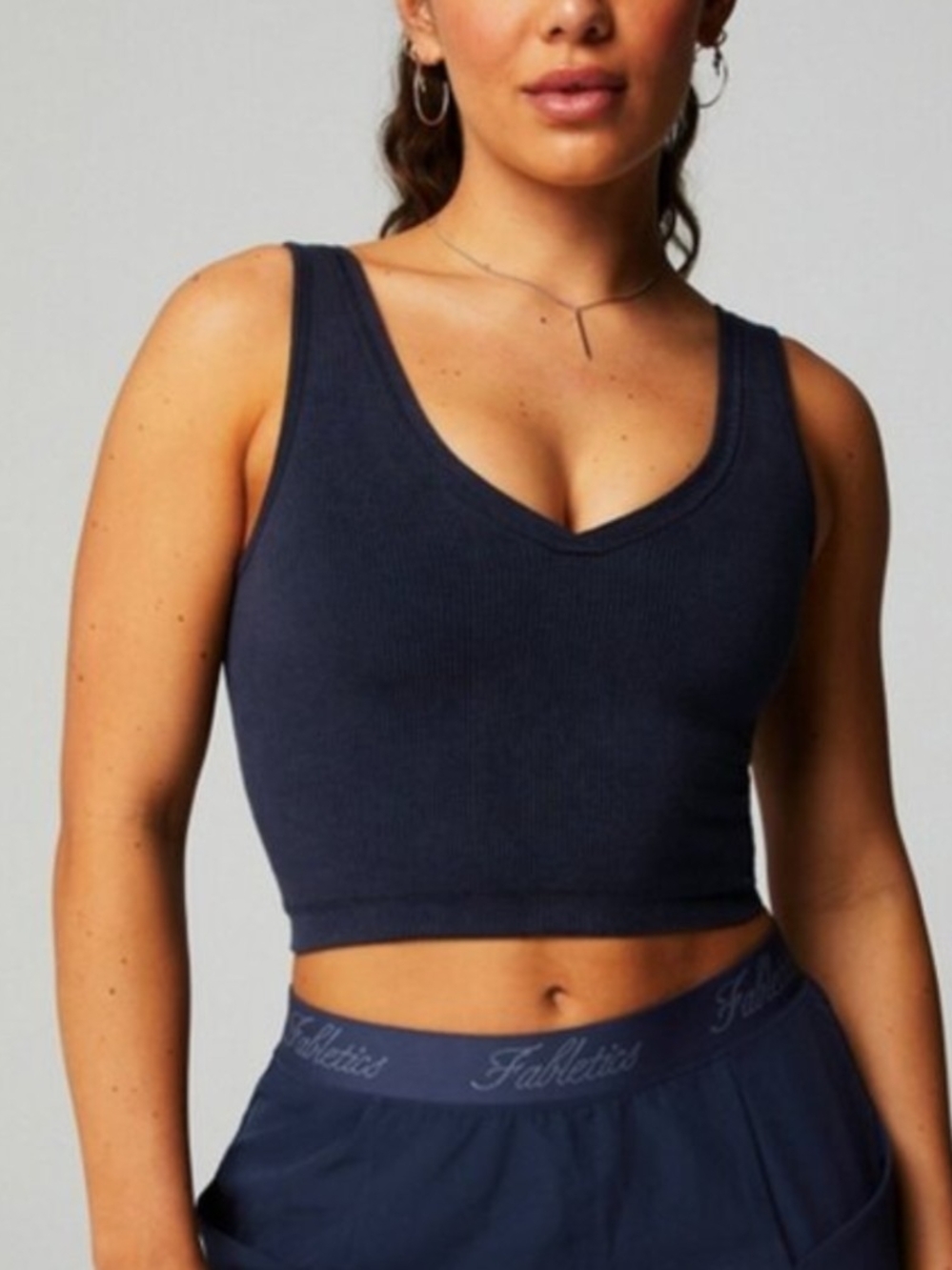 Fabletics Ribbed Seamless V-Neck Cropped Stretchy Top - Light blue Indigo